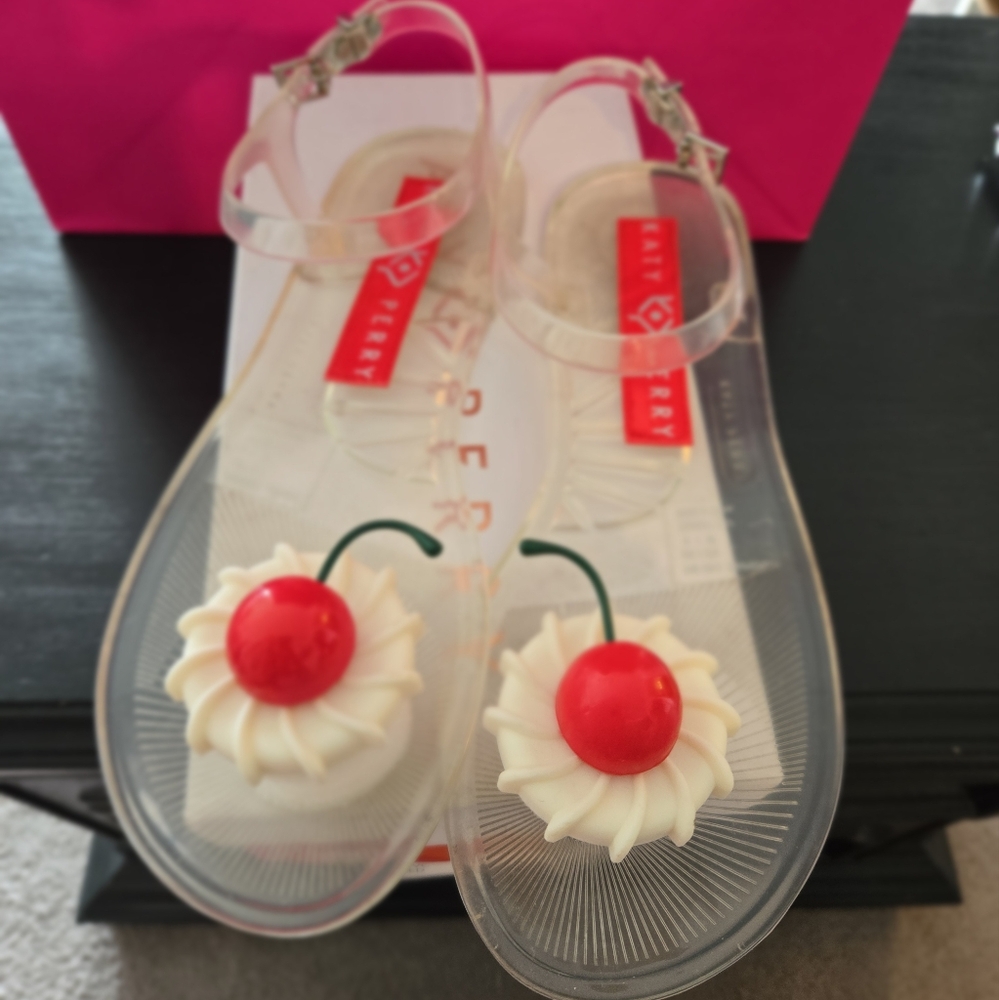 Katy Perry Collections White and Red Pom-Pom Sandals Geli Cherry 8 Cherries